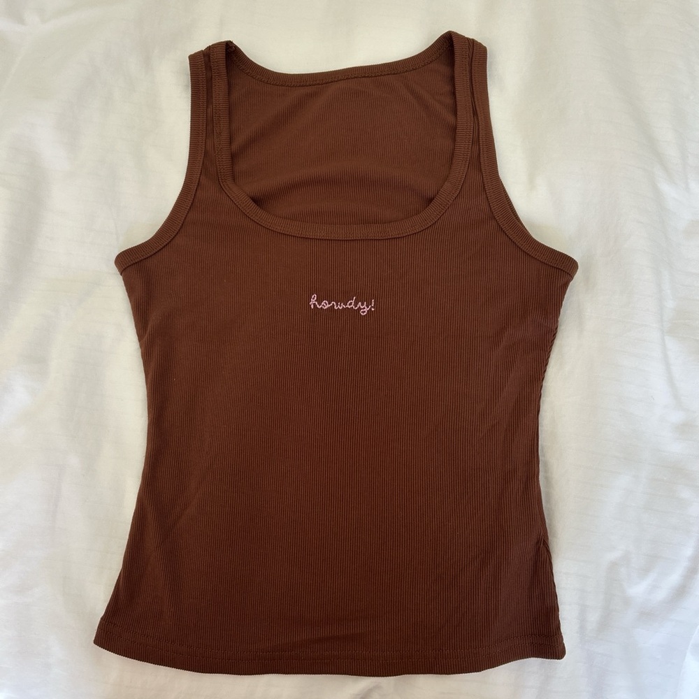 Women's Ribbed Tank Top in Brown with 'howdy!' Embroidery